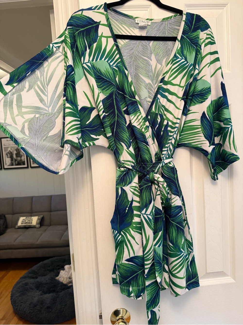 VENUS White Romper with Green and Blue Tropical Leaf Print